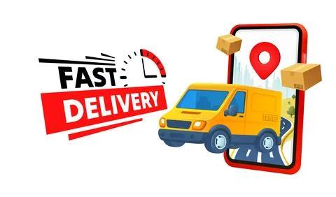 Fast delivery of goods, parcel transportation, mobile application on smartphone 스톡 일러스트