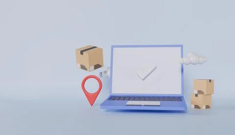 Fast delivery with laptop, parcels, clouds, location and social icons Stock Illustration