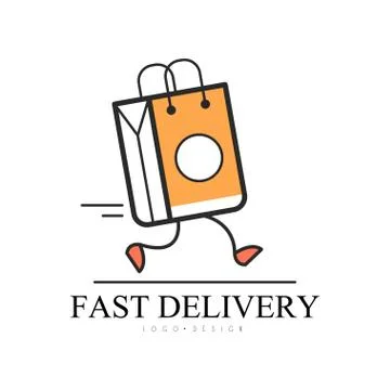 Fast delivery logo design, creative template with running shopping bag for Illustrazione stock