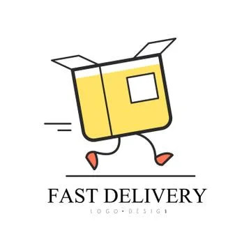 Fast delivery logo design, creative template with running cardboard box for Illustrazione stock