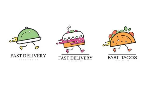Fast Delivery Logo Design Set, Food Service, Cafe, Restaurant, Catering Business Illustrazione stock