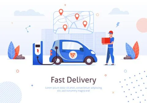 Fast Delivery. Man Pizza Box Electric Car Charging Stock Illustration