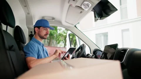 Fast Delivery Man In Van Moving Boxes Stock Footage 314136427