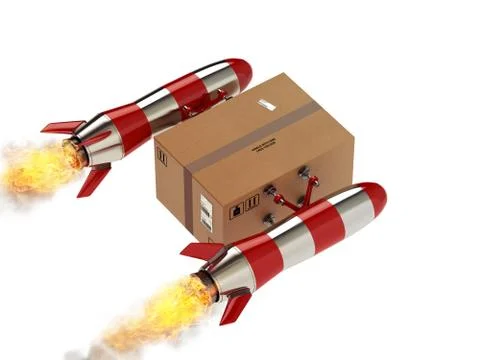 Fast delivery of package by turbo rocket. 3D Rendering Illustrazione stock