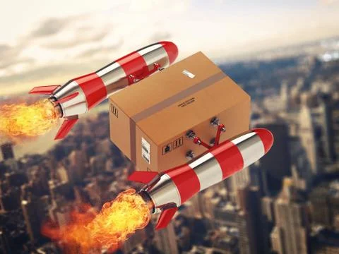 Fast delivery of package by turbo rocket. 3D Rendering Illustrazione stock