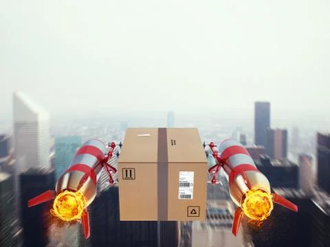 Fast delivery of package by turbo rocket. 3D Rendering Illustrazione stock