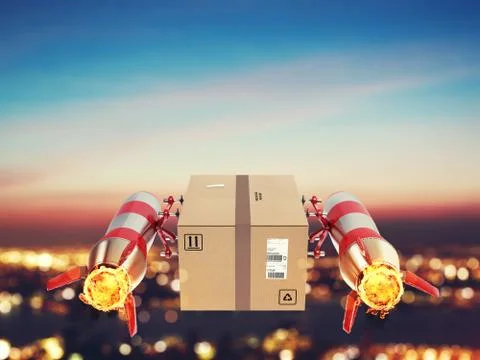 Fast delivery of package by turbo rocket. 3D Rendering Illustrazione stock