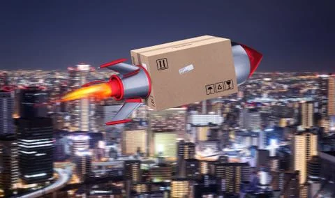 Fast delivery of package by turbo rocket. 3D Rendering. Fire, freight. Stock Illustration