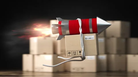 Fast delivery packet or parcel concept. Flying rocket with cardboard box Stock Footage 304999093