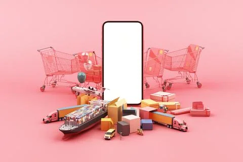Fast delivery by scooter and van and plane on mobile E-commerce concept Onlin Illustration