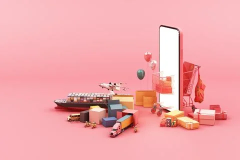 Fast delivery by scooter and van and plane on mobile E-commerce concept Onlin Illustration