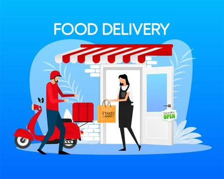 Fast delivery by scooter on mobile. E-commerce concept. Online food order Illustrazione stock