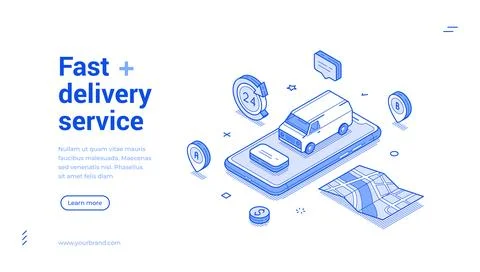 Fast Delivery Service And Mobile Tracking Isometric Vector Illustration Ban.. Stock Illustration
