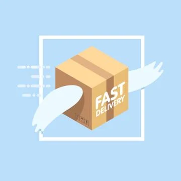 Fast delivery service flat vector illustration. Parcel with wings flies in .. Stock Illustration