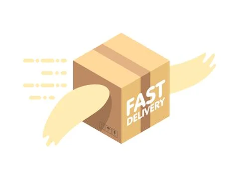Fast delivery service flat vector illustration. Parcel with wings flies in .. 库存插图