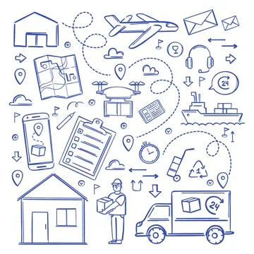 FAST DELIVERY Services Big Collection Symbols Hand Drawn Set Illustrazione stock