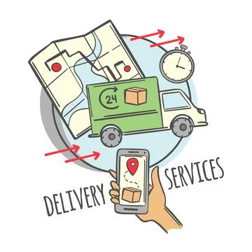 FAST DELIVERY SERVICES Smartphone One Click Hand Drawn Set 스톡 일러스트