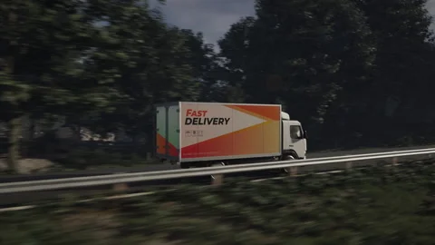 Fast Delivery Van Distributing Supply Goods To Destination Through Forest Vídeo Stock 243399421