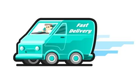 Fast delivery van with motion lines. The driver of the van deliver the goods to Stock Illustration