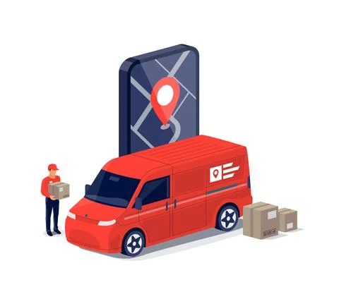 Fast delivery van with tracking smartphone app and delivery man Stock Illustration