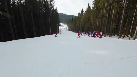 Fast descent down the ski slope on skis. Stock Footage 219013286