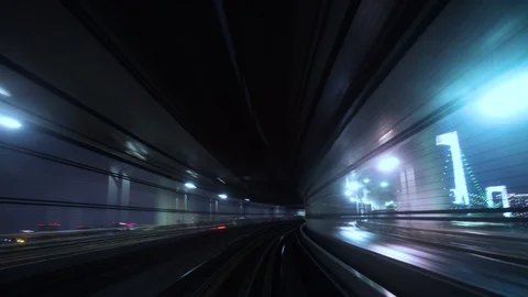 Fast Driverless Train POV at Night Stock Footage 98178083