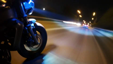 Fast Driving Bike on Streets of Night City Time Lapse Action Journey Motorcycle Stock Footage 159546221