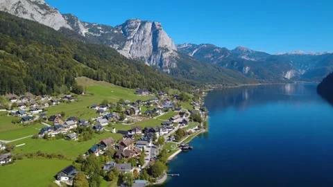 Fast Drone Flight Along Lake Grundlsee with Trisselwand Mountain Stock-Footage 347453078