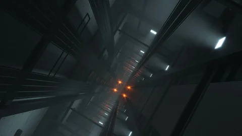 "Fast elevator going upwards in the shaft. Climatic lights lit the darkness. Stock Footage 97459566