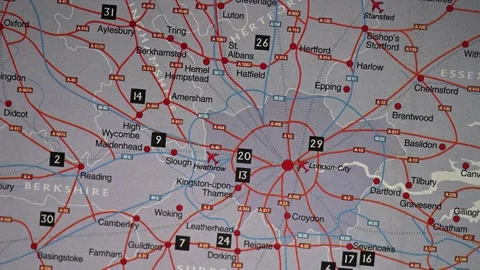 Fast eye-tracking macro scan across 1995 British rail network route map Stock Footage 345506425