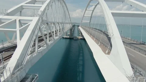 Fast flight between the arches of the Crimean Bridge Stock Footage 230156153
