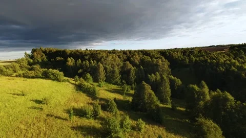 Fast flight low above the ground. View of fields and trees. No one around, sunny Stock Footage 280384261