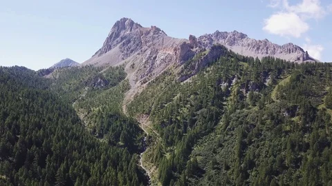 Fast Flight over an alpine forest towards the peaks of Sueurs Stock Footage 93872622