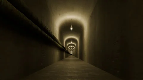 Fast flight through a long tunnel in an underground bunker Stock Footage 316783414