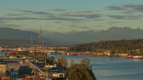 Fast Floating 4K+ Hyperlapse / Timelapse over Fraser River during nice sunset Stock Footage 76452888