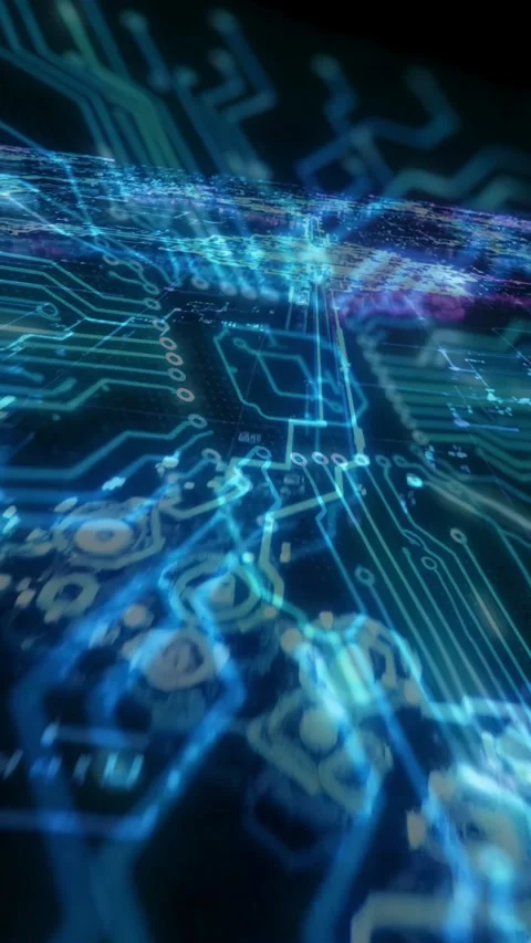 Fast Flowing Blue Light on Electronic Circuit Board Pathways Видео 336042748