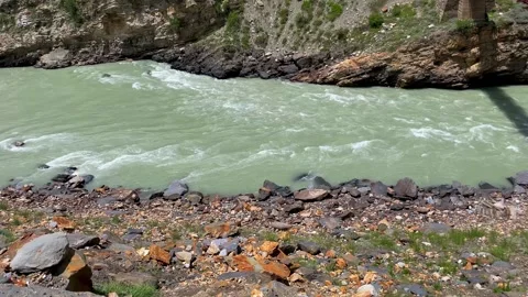 Fast Flowing Mountain River with Rocky Shore in Ladakh India. Stock Footage 338220554