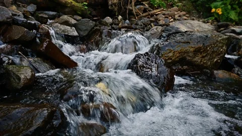 Fast flowing mountain stream cascading over rocks Video stock 345722523