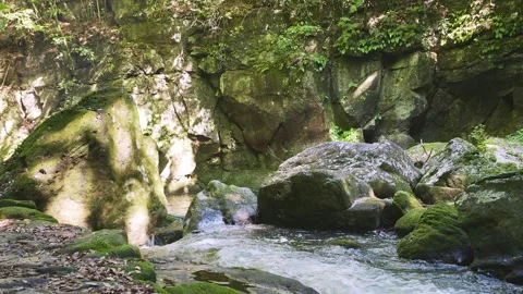 Fast flowing mountain stream with moss covered rocks in Oita Japan Vídeos de archivo 336772925