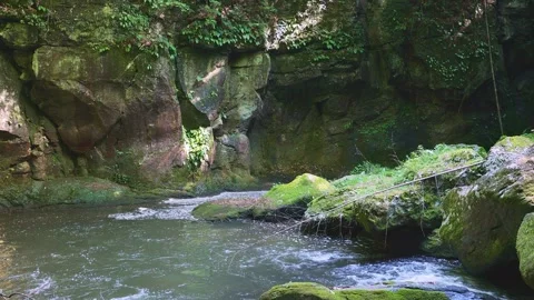 Fast flowing mountain stream with moss covered rocks in Oita Japan Vídeos de archivo 336772926