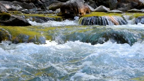 Fast Flowing Mountain Stream Splashing Over Rocks Wide Shot Stock Footage 343260246