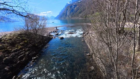 Fast Flowing Mountain Stream in Swiss Alpine Valley 4K Stock Footage 340900030