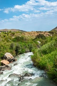 Fast flowing mountain stream through lush green banks Kyrgyzstan Stock Photos