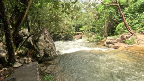 Fast Flowing River and Cascading Water at 9 Steps Waterfall in Kampot Jungle Stock Footage 342213045