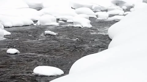 Fast flowing river in cold snowy winter landscape Stock Footage 303256528