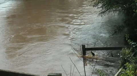 Fast flowing river in flood with pan up to flooded park. 動画素材 12591551
