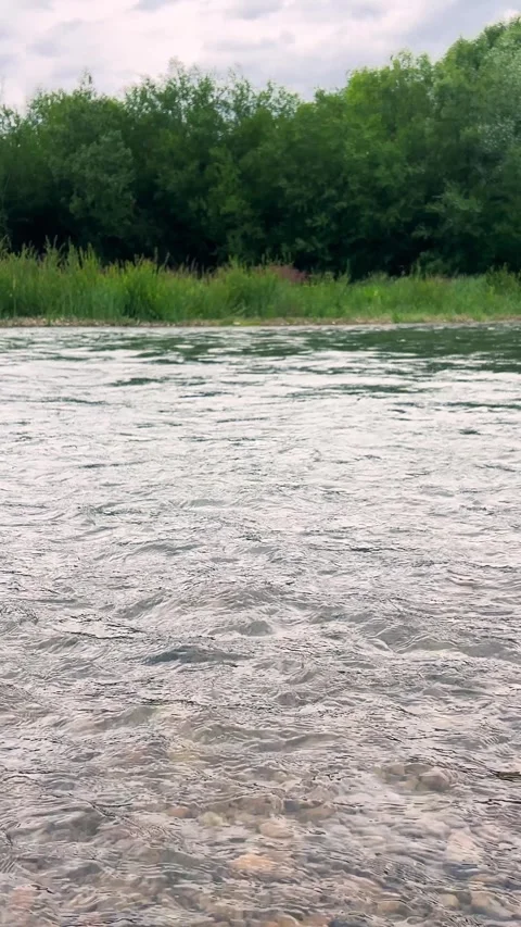 A fast-flowing river with rippling clear water runs between green riverbanks. Stock-Footage 339091714
