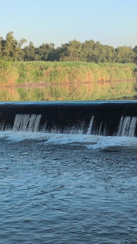 Fast-Flowing River Water Cascading Over a Small Weir Stock Footage 341536670