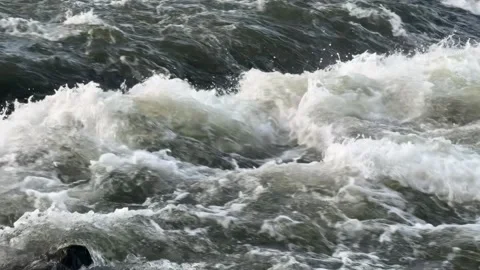 Fast Flowing River Water with White Waves and Dark Green Depths Stock Footage 301006360