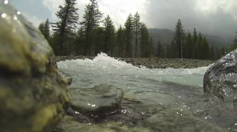 Fast Flowing Stream Passes Camera with Frequent Surges over Lens Stock Footage 27502563